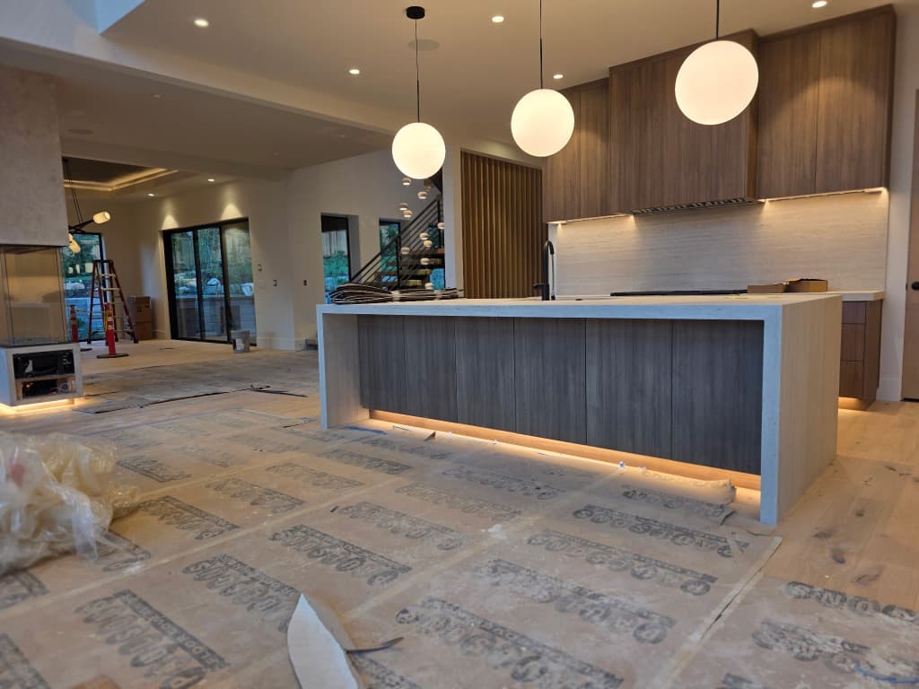 Waterfall Kitchen Island Under-Glow & Sphere Pendants